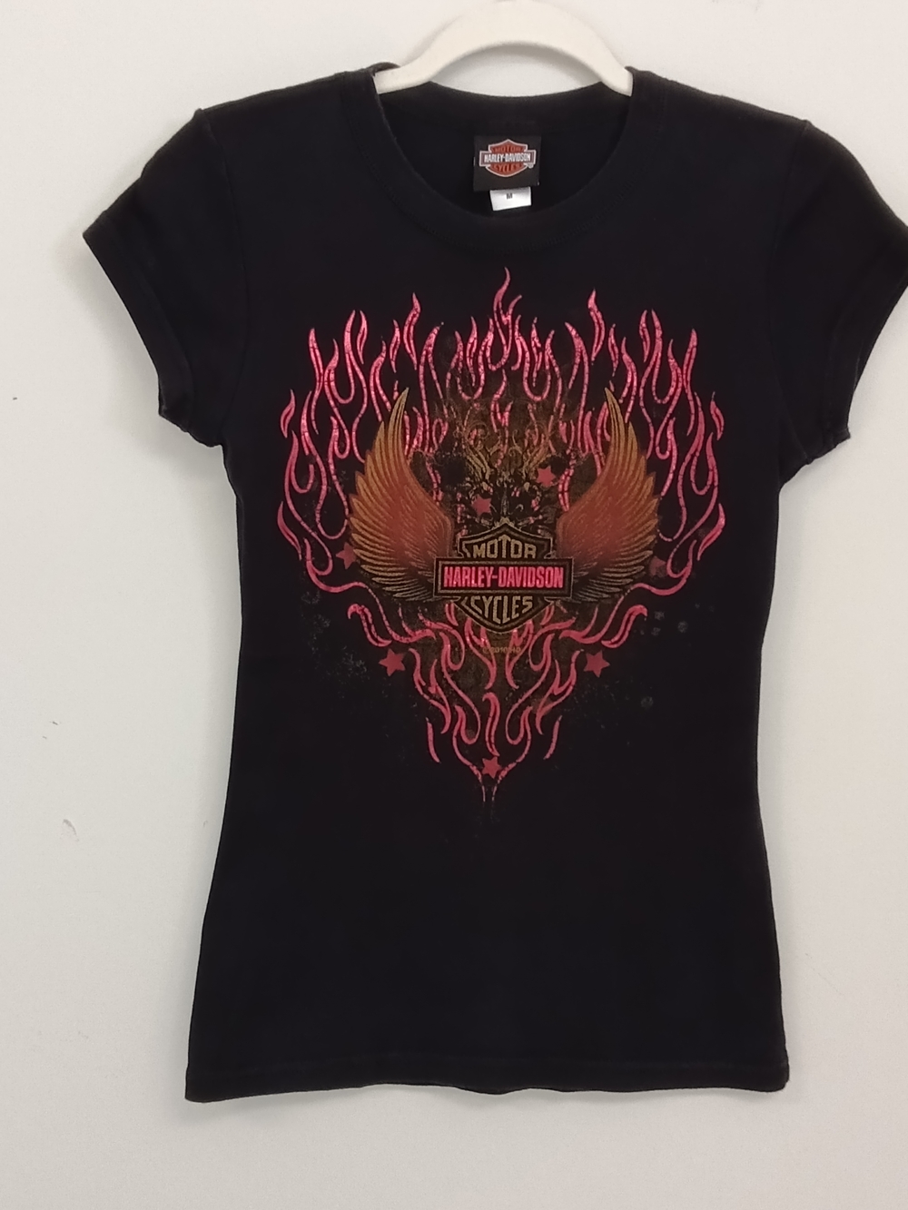 Harley-Davidson Y2K Fitted Black Red Flame Graphic Motorcycle Biker T Shirt M